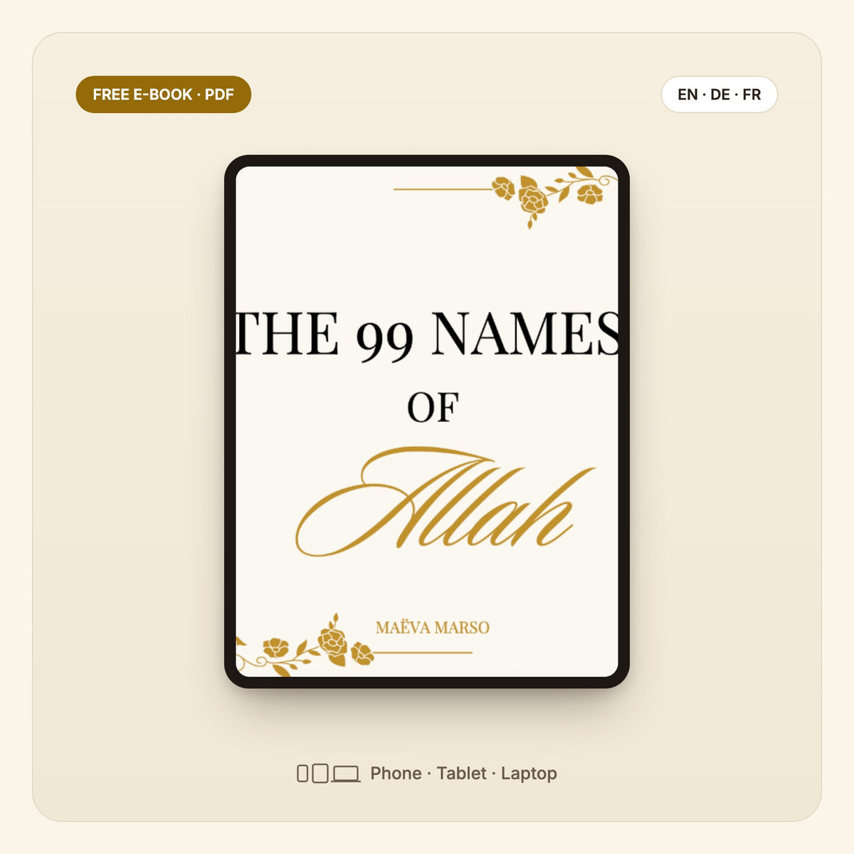 The 99 Names of Allah – free e-book cover on a tablet