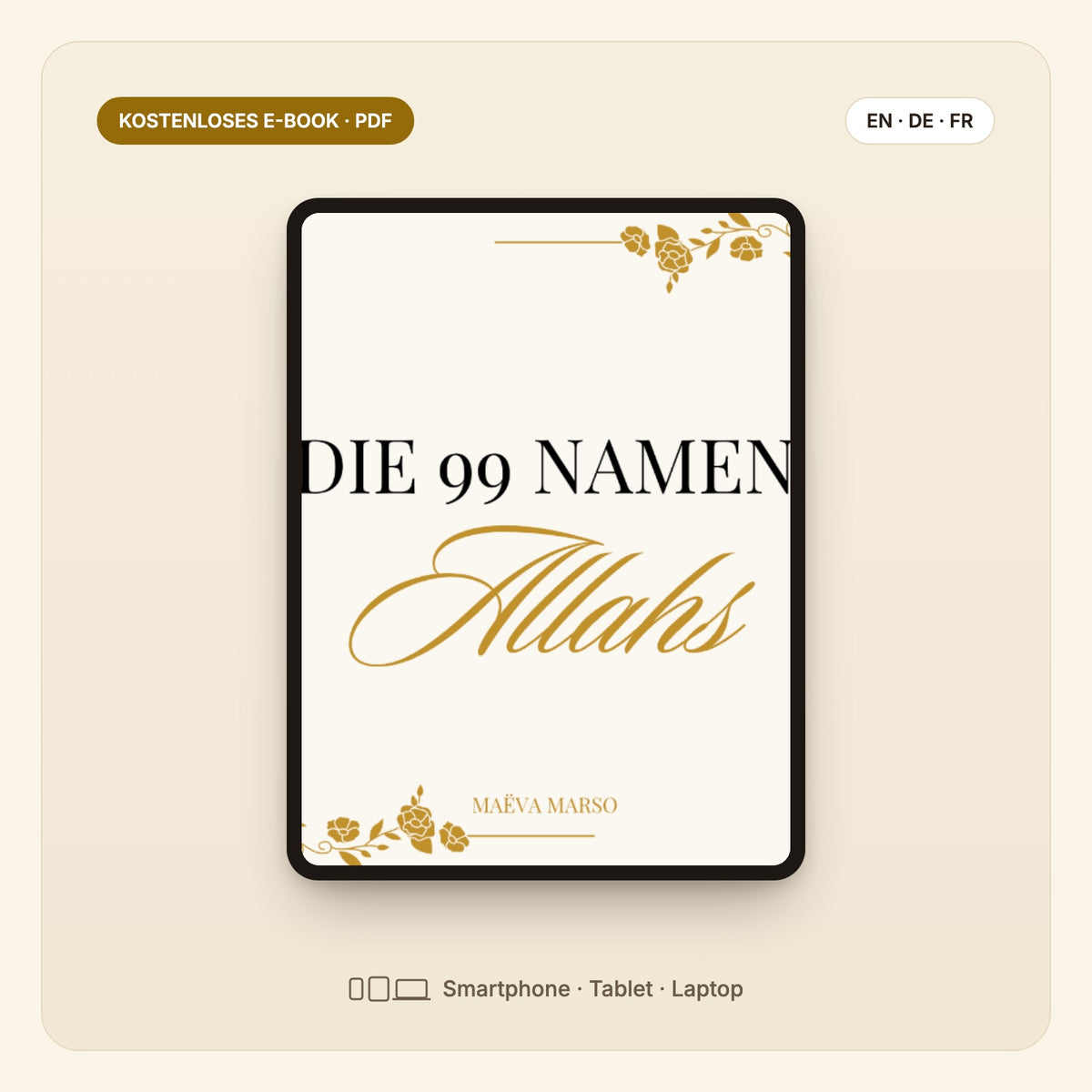 Die 99 Namen Allahs – E-Book-Cover auf dem Tablet
