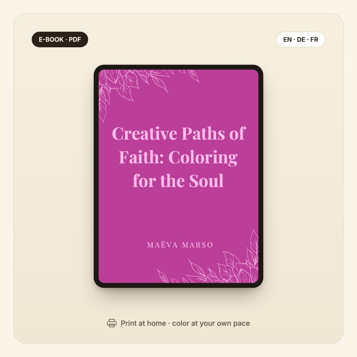 Creative Paths of Faith – coloring book cover on a tablet