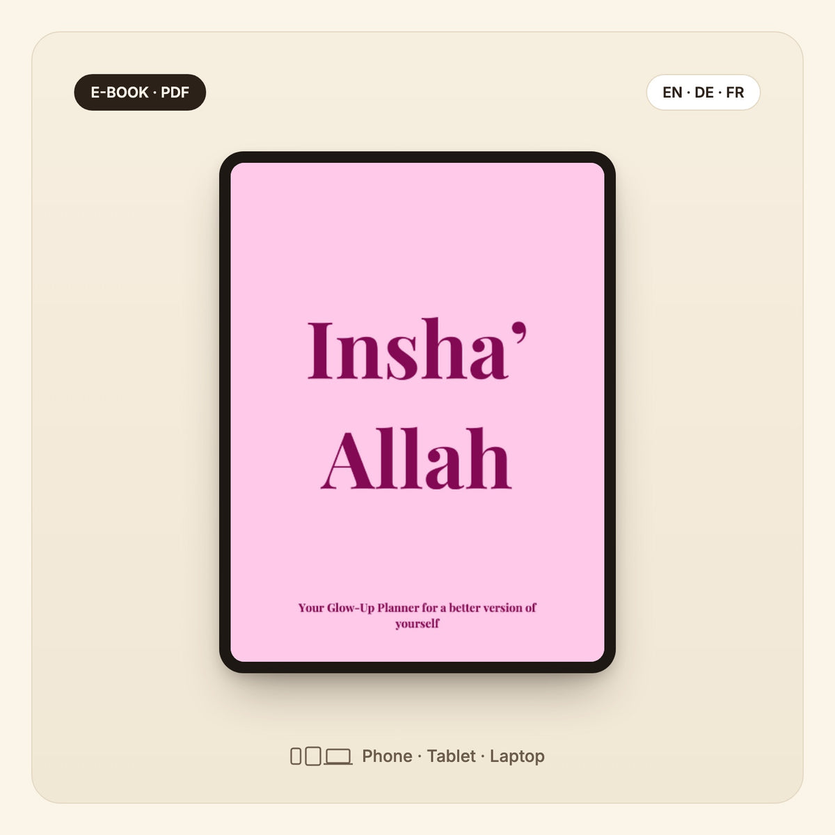 Insha'Allah Glow-Up Planner – e-book cover on a tablet