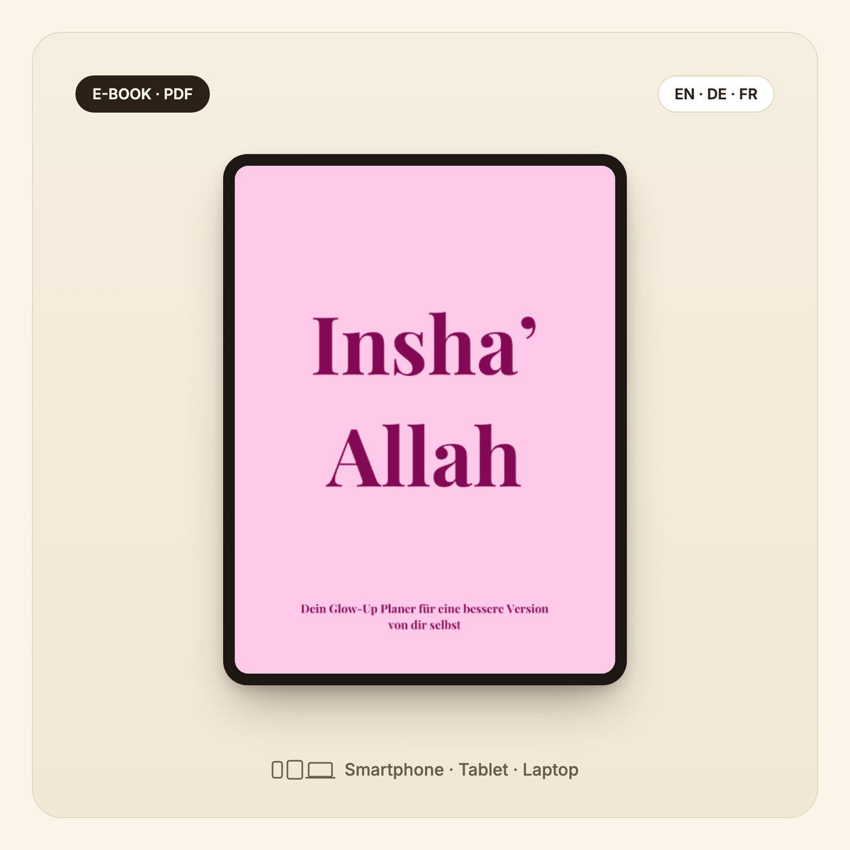 Insha’Allah Glow-Up-Planer – E-Book-Cover auf dem Tablet